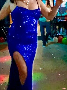 Blue Sequin Spaghetti-Strap Evening Dress with Thigh Slit